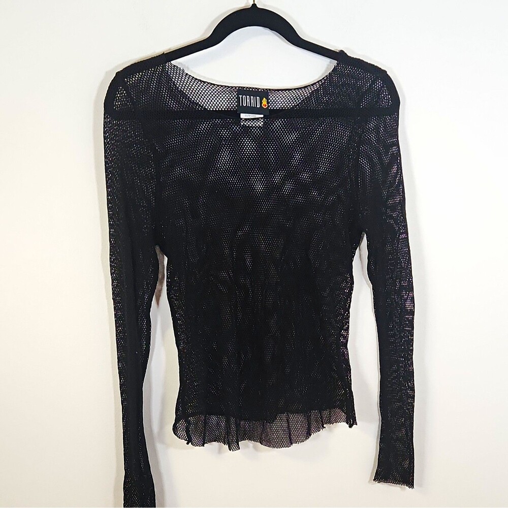 Vtg Torrid Black Mesh Sheer L/S Round Neck Netted Top XL LH5F7-4CZ